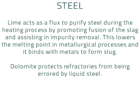 Steel Lime acts as a flux to purify steel during the heating process by promoting fusion of the slag and assisting in impurity removal. This lowers the melting point in metallurgical processes and it binds with metals to form slug. Dolomite protects refractories from being errored by liquid steel.